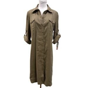Tahari Arthur Levine Olive Green Midi Shirt Dress Linen Blend 14 Safari Utility